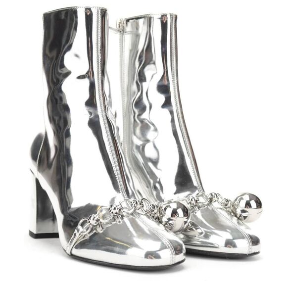 Longchamp Bootie 40/ US 10 Silver Patent Leather Block Heel Ankle Boots $775 - Picture 1 of 12